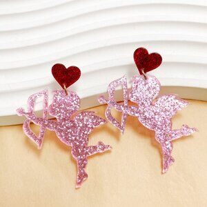 Pink Glitter Cupid Earrings with Red Hearts